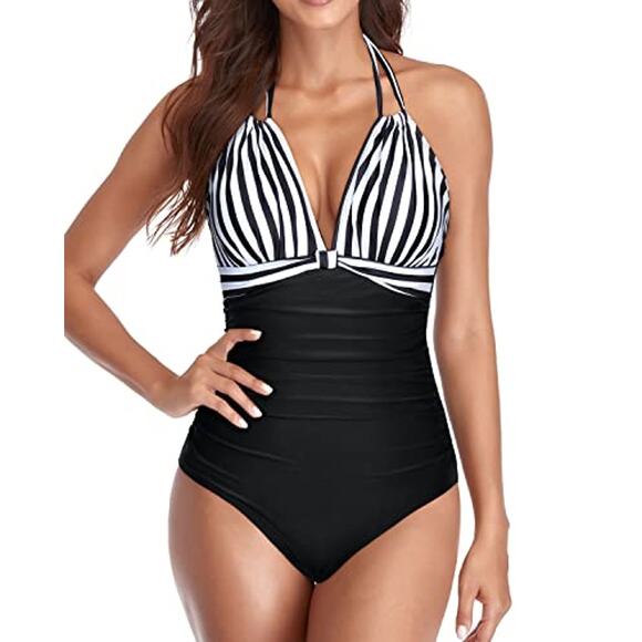 Tempt Me Swimsuit One Piece Womens Small Black White Halter Tie V Neck Ruched - Picture 9 of 11